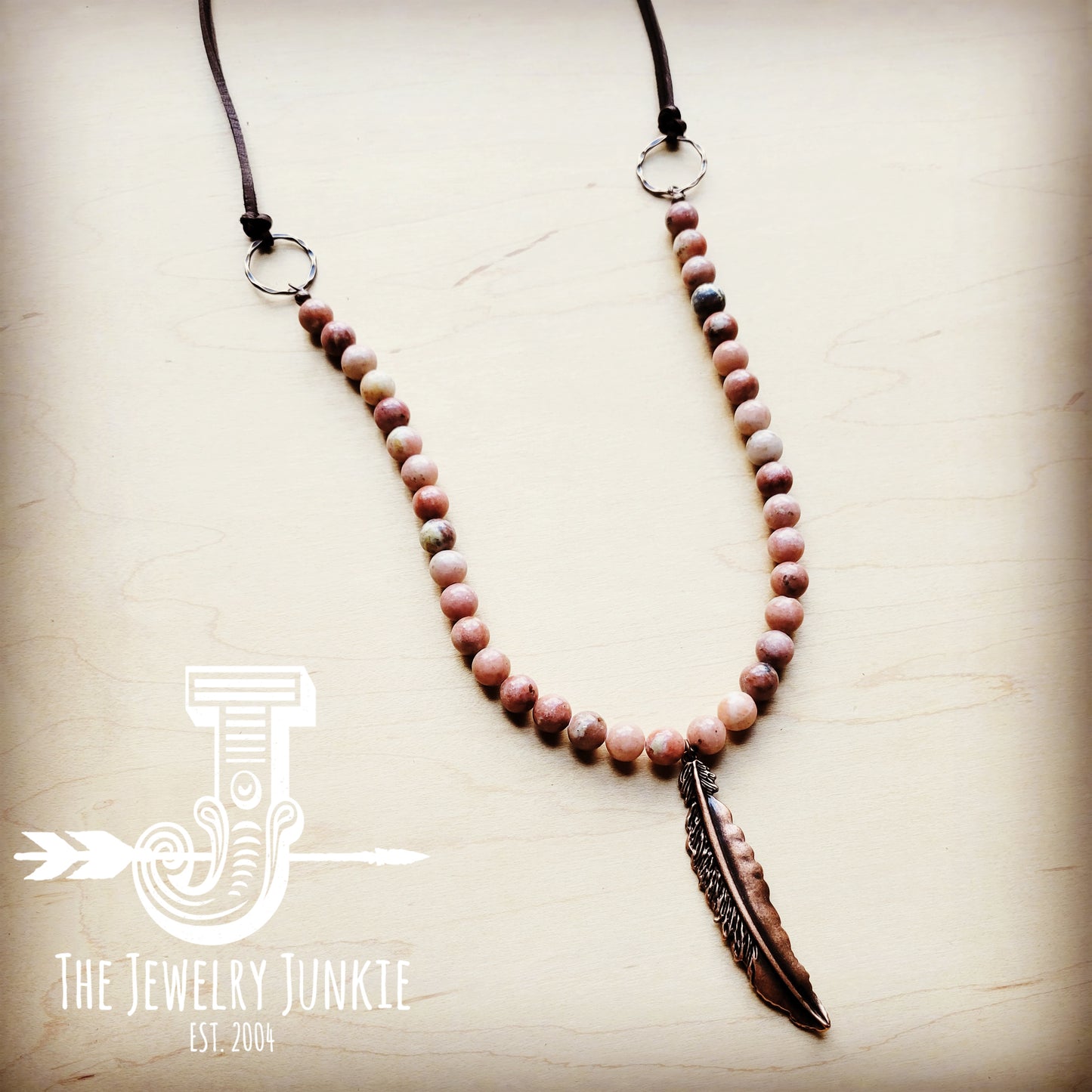 **Natural Pink Zebra Jasper Beaded Necklace w/ Copper Feather 255b
