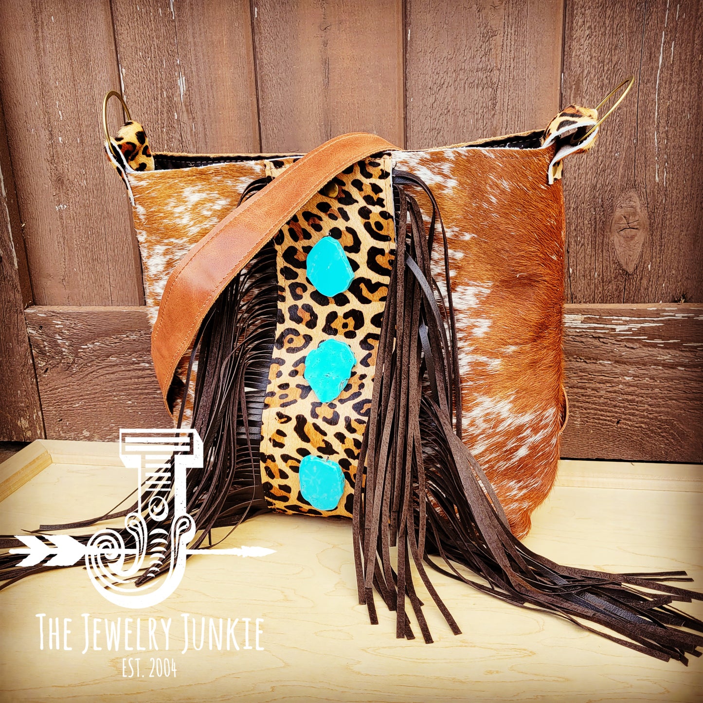 Tejas Brown Leather Bucket Handbag w/ Leopard & Triple Turquoise 511z