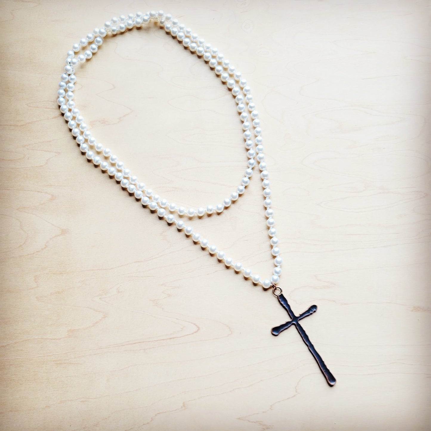 Extra Long Pearl Beaded Necklace w/ Copper Cross 260m