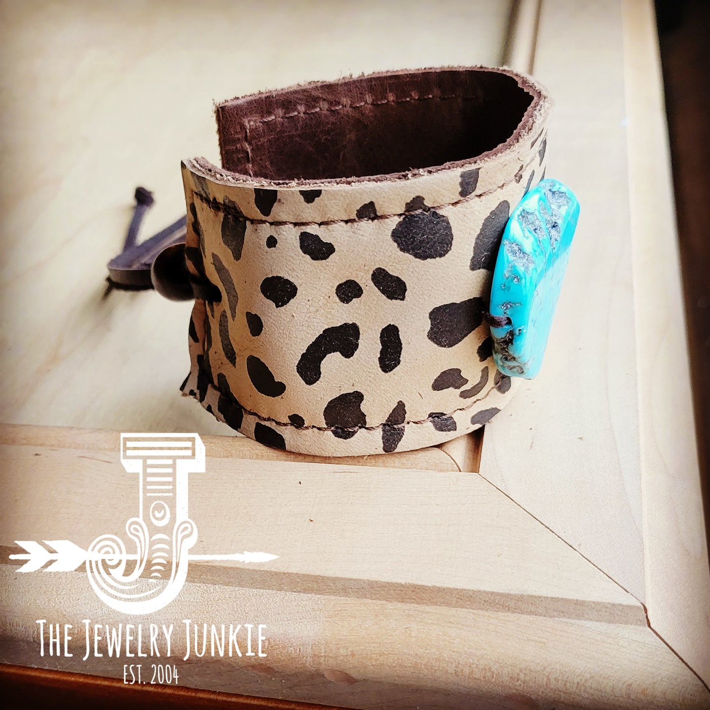 Leather Cuff w/ Leather Tie-Suede Cheetah and Turquoise Slab 013t