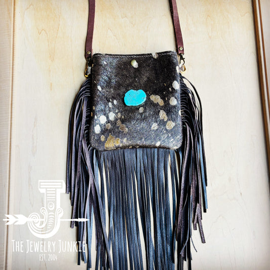 Small Crossbody Handbag Dark Metallic w/ Turquoise & Fringe 514a