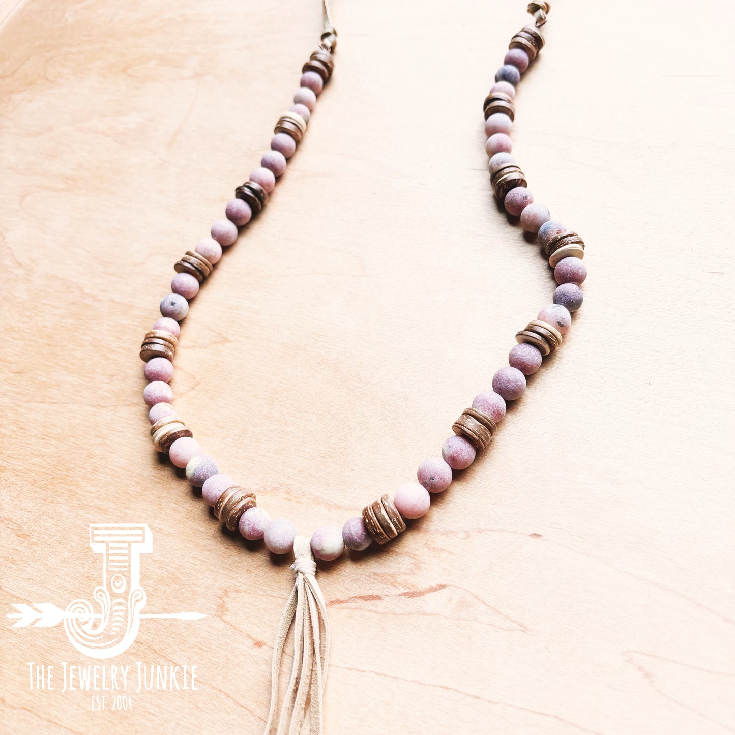 Frosted Marble Jasper Necklace w/ Wood Beads & Leather Tassel 258b