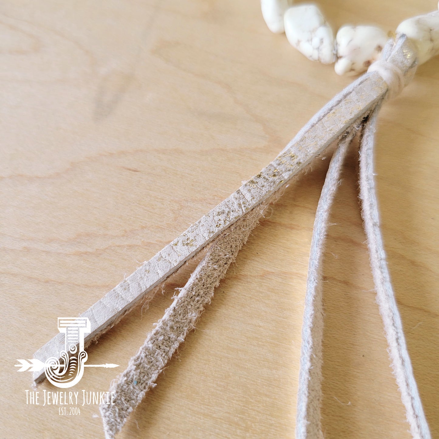 White Turquoise Beaded Bracelet w/ Leather Tassel 810i