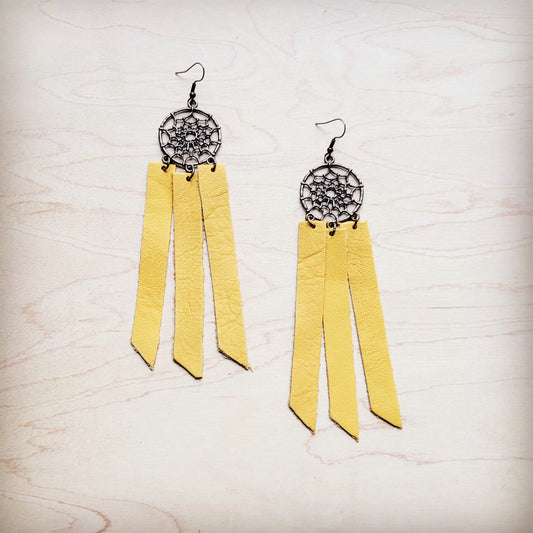Dream Catcher Earrings w/ Leather Fringe Mustard Leather 200ah