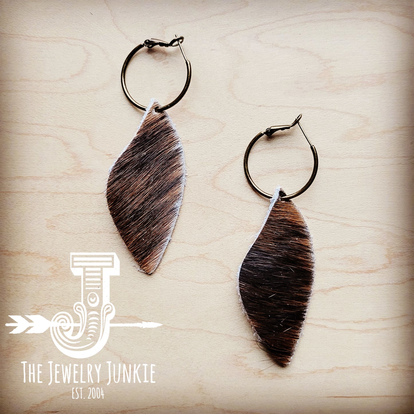 **Antique Gold Hoop Earrings w/ Brown Hair-on-Hide 214g