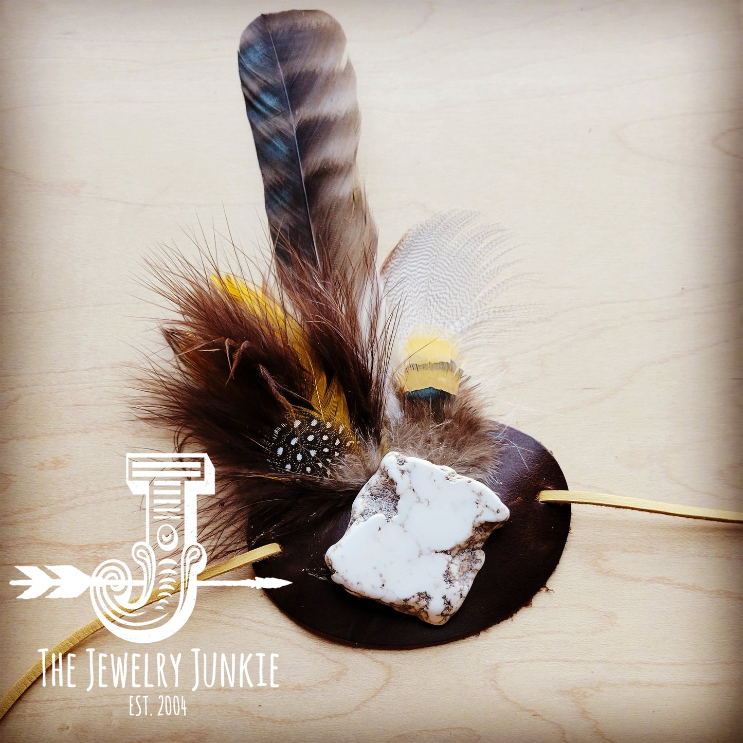 White Turquoise, Yellow Feather, & Leather Hat Band (Band Only) 980w