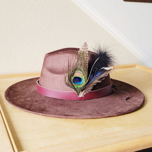Maroon Leather Hat Band w/ Peacock Feather Accents 952j