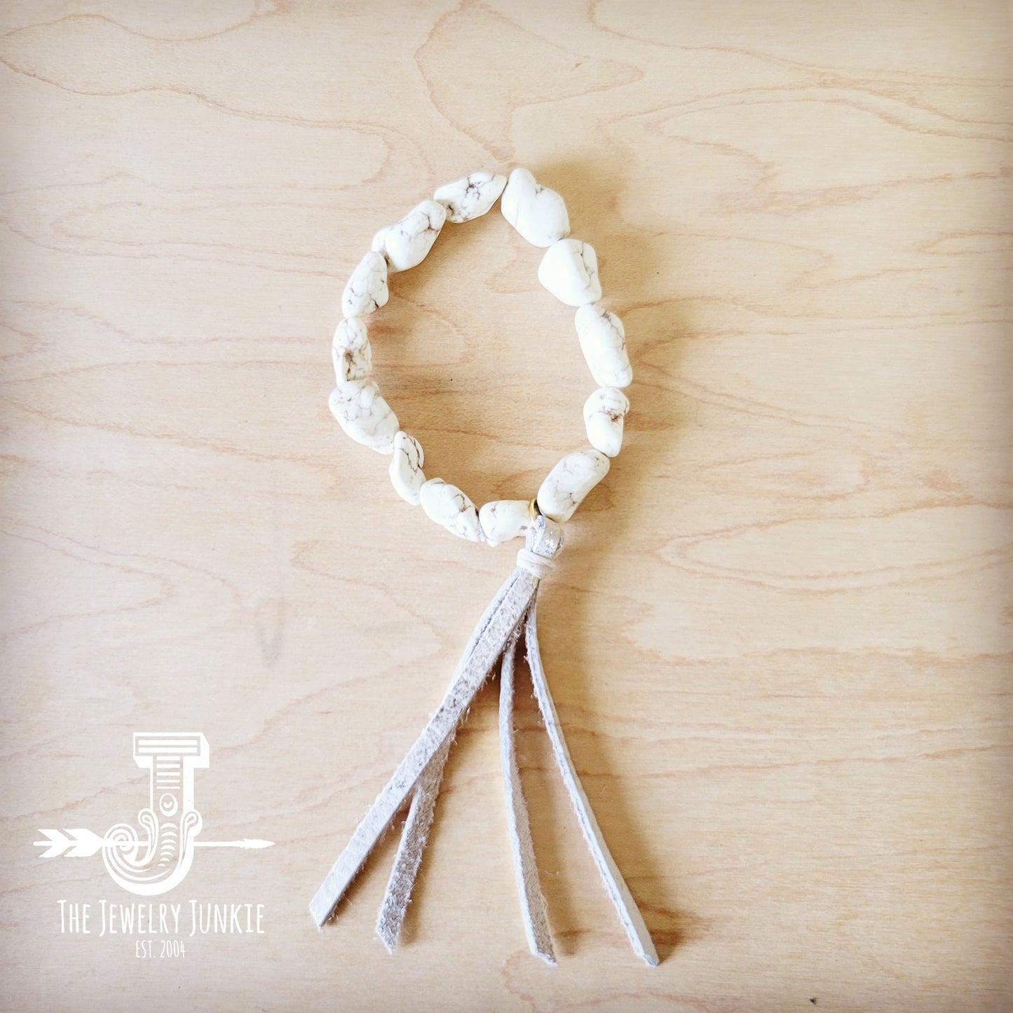 White Turquoise Beaded Bracelet w/ Leather Tassel 810i