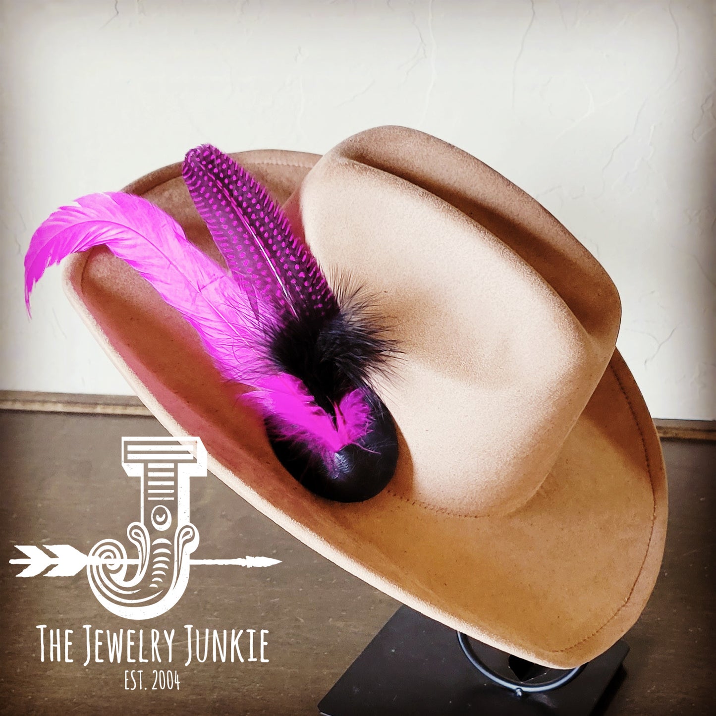 Cowgirl Western Hat w/ Feather Tie Hat Band-Tan 982x