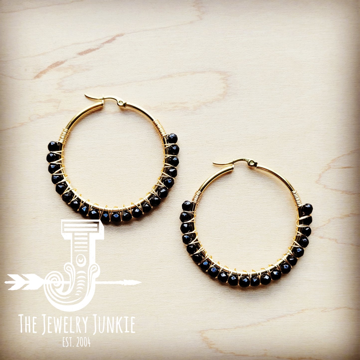 Woven Black Agate Beaded Hoop Earrings 217j