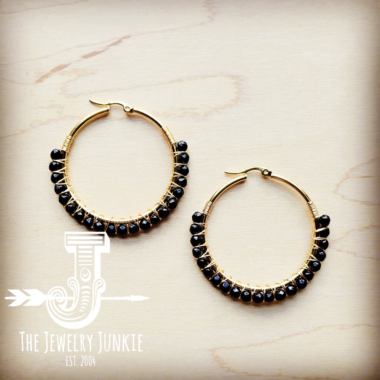 **Woven Black Agate Beaded Hoop Earrings 217j