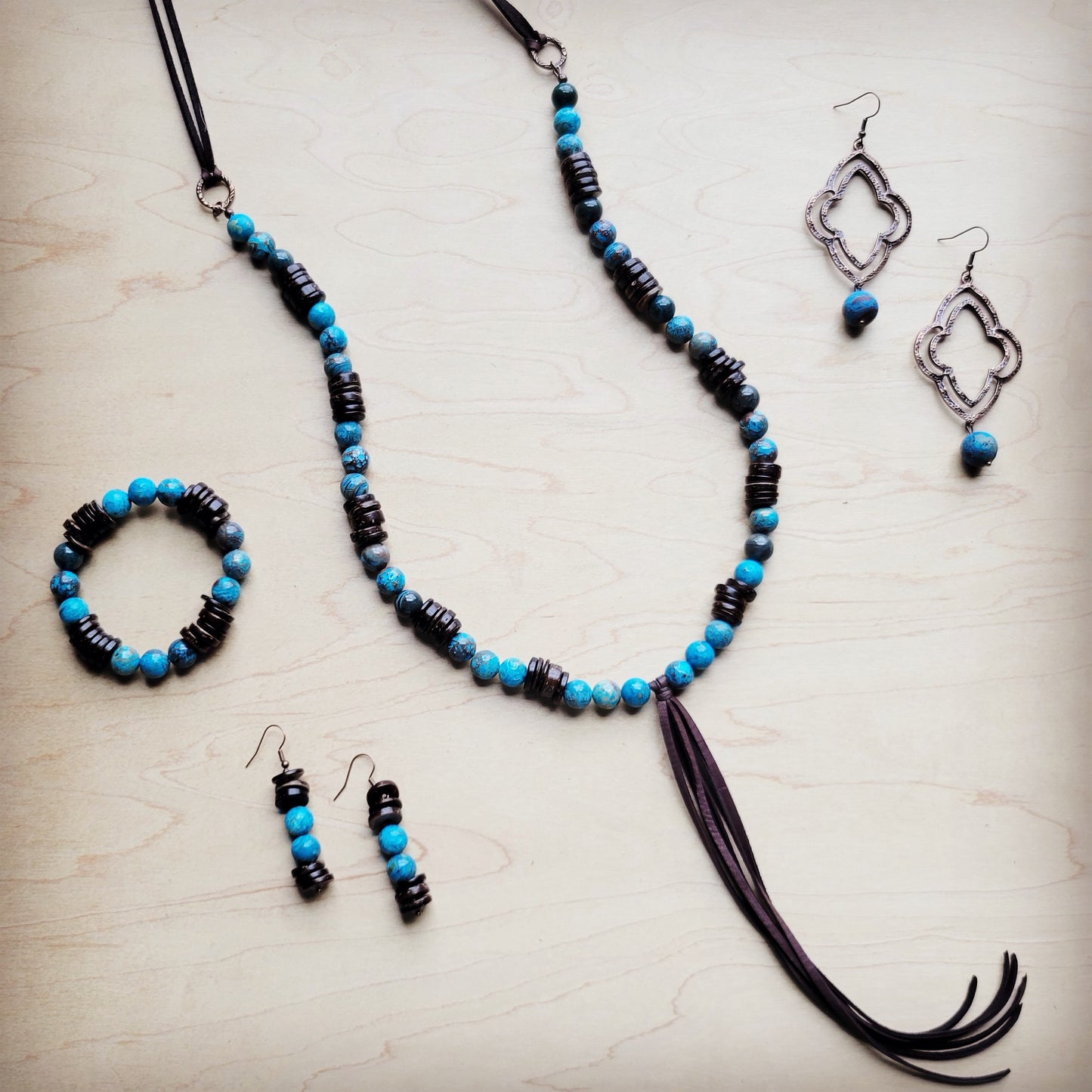 Ocean Agate Beaded Bracelet w/ Leather Tassel and Arrowhead 810k