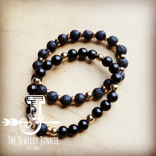 *Black Lava and Hematite Stretch Bracelet Set 807tt
