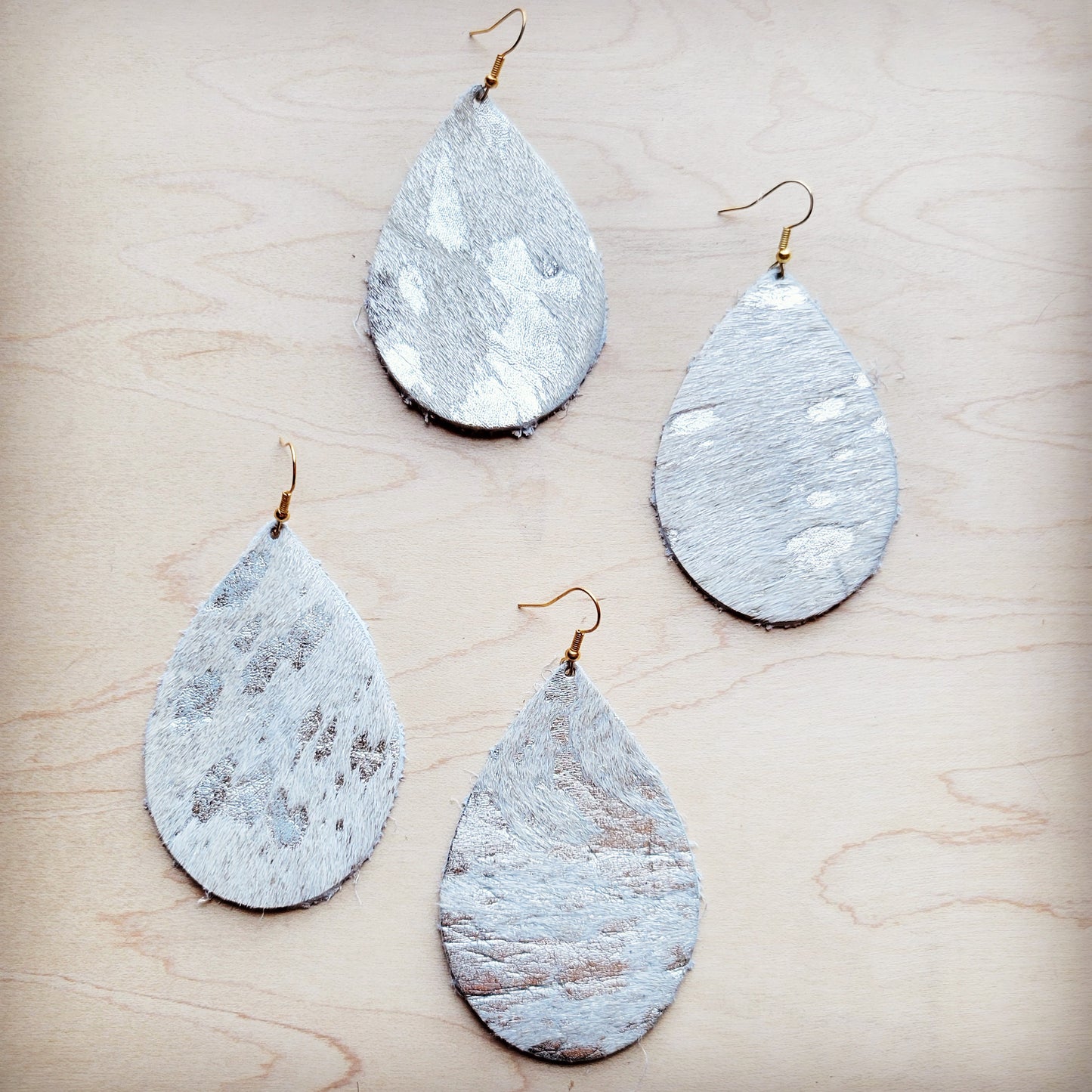 Leather Teardrop Earrings-Silver Metallic Hair-On-Hide 224i