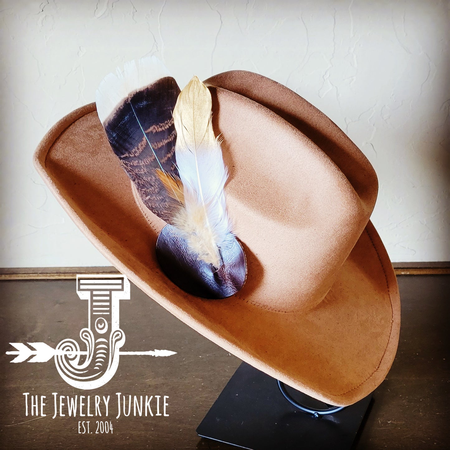 Cowgirl Western Hat w/ Feather Tie Hat Band-Tan 982x
