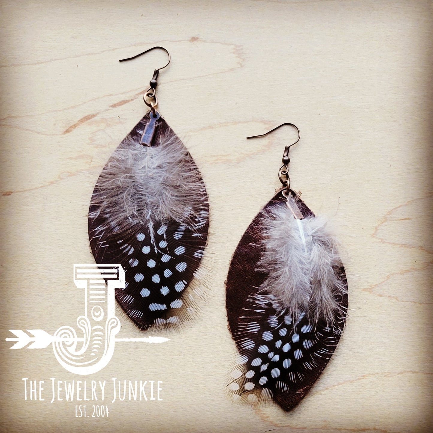 Western Leather Oval Earrings Brown with Spotted Feather 216j