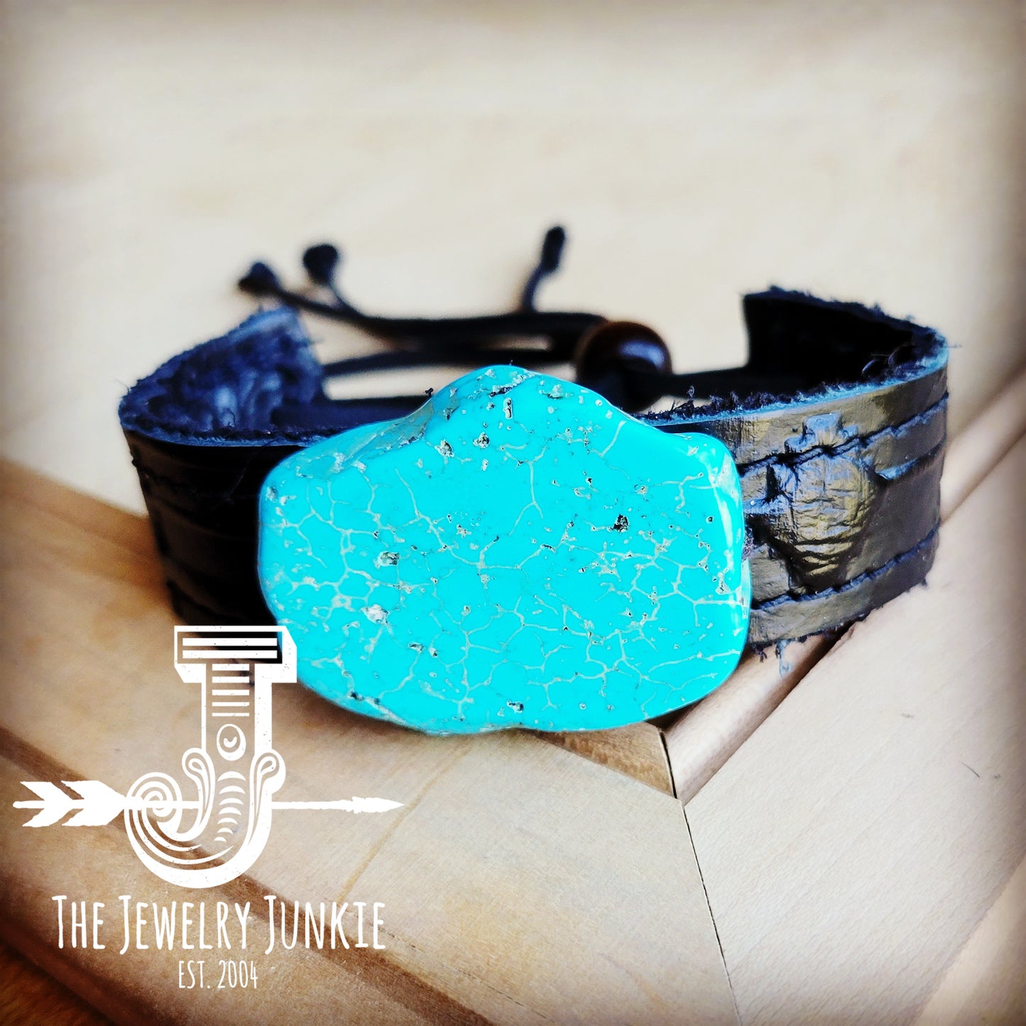 *Narrow Leather Cuff w/ Turquoise Slab-Black Navajo 014v