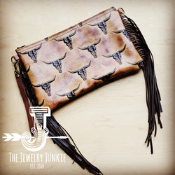 *Embossed Tan Steer head Leather Clutch Handbag 501n