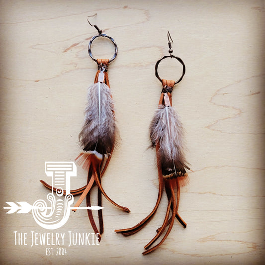 Boho Tan Deer Skin Leather Tassel Earring-Brown Feather 217c