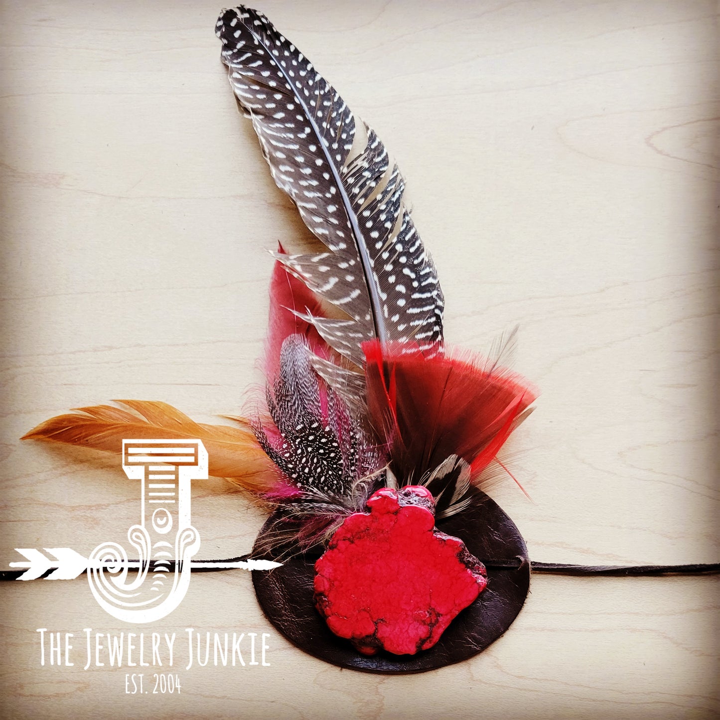 Red Turquoise, Red Feather & Leather Hat Band (Band Only) 980x