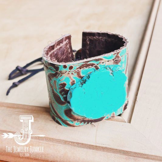 Wide Cowboy Turquoise Leather Cuff w/ Turquoise Slab 008z