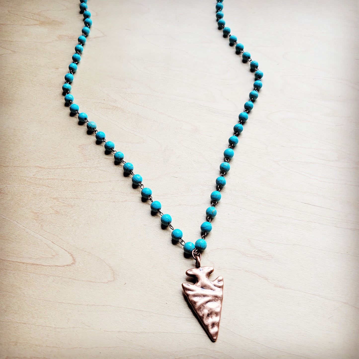**Blue Turquoise Beaded Necklace w/ Antique Copper Arrowhead 260h