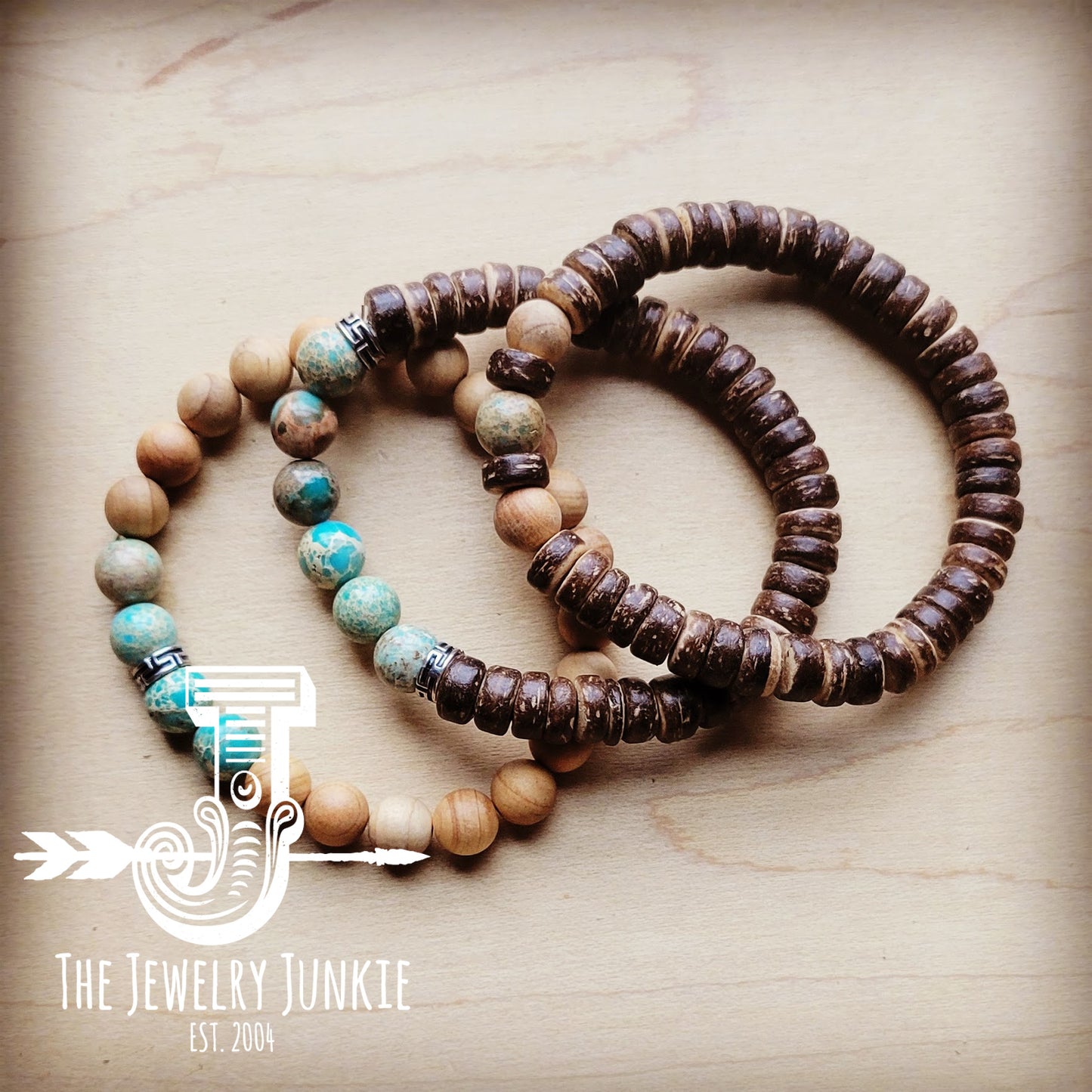 *Wood and Imperial Jasper Stretch Bracelet Trio 808a