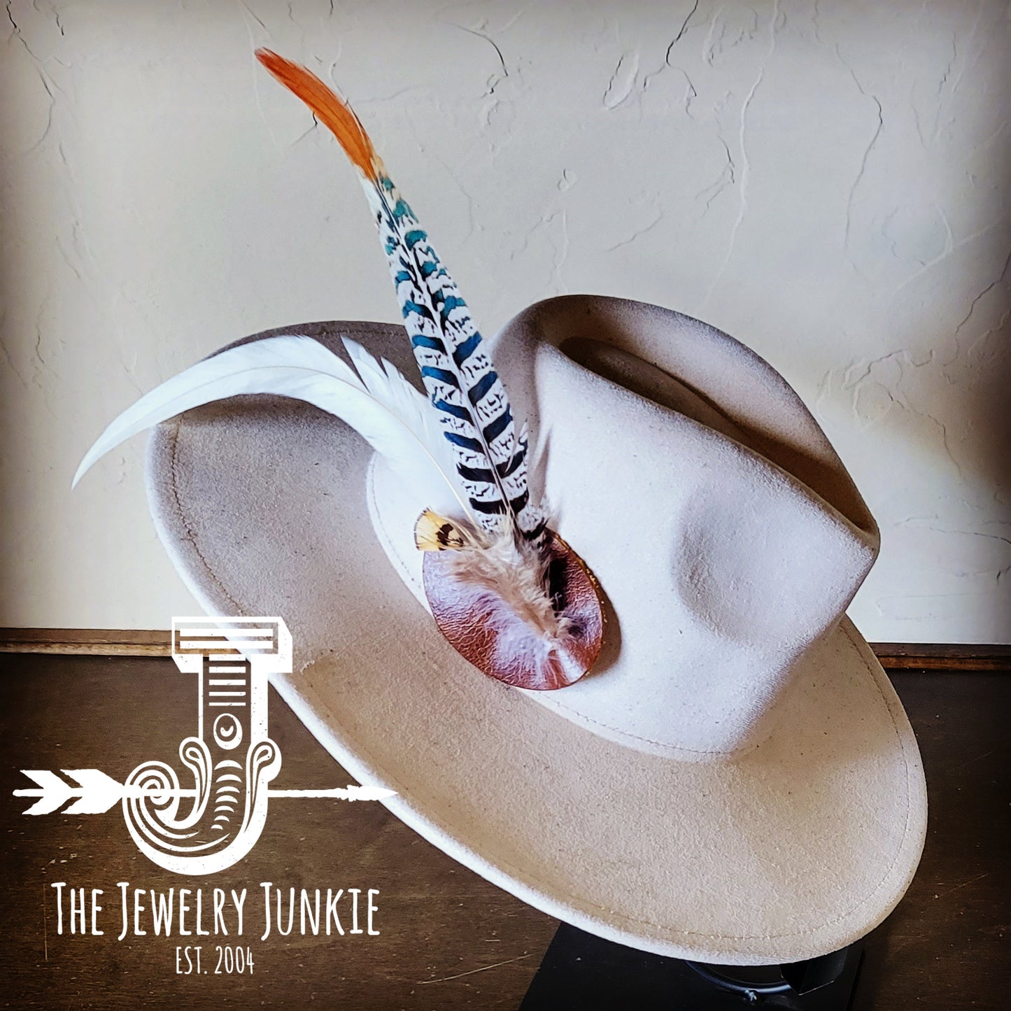 Boho Western Hat w/ Feather Tie Hat Band-Bone 982m