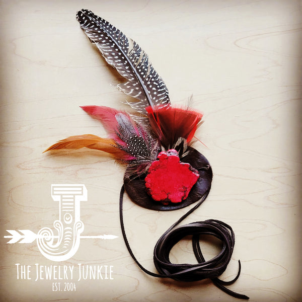 Red Turquoise, Red Feather & Leather Hat Band (Band Only) 980x