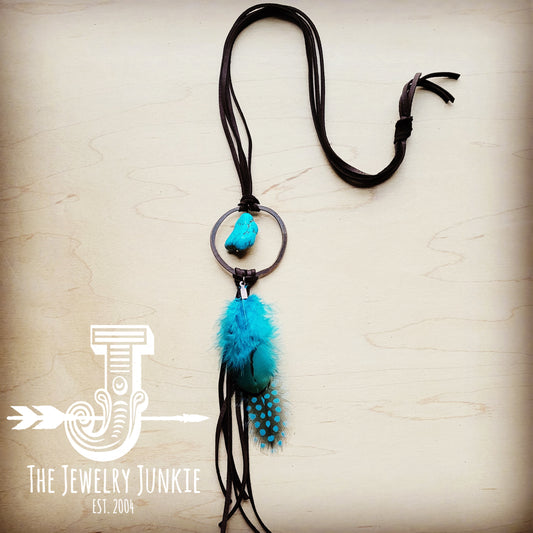 **Brown Boho Leather Necklace w/ Turquoise & Turquoise Feathers 256u