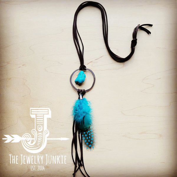 Brown Boho Leather Necklace w/ Turquoise & Turquoise Feathers 256u