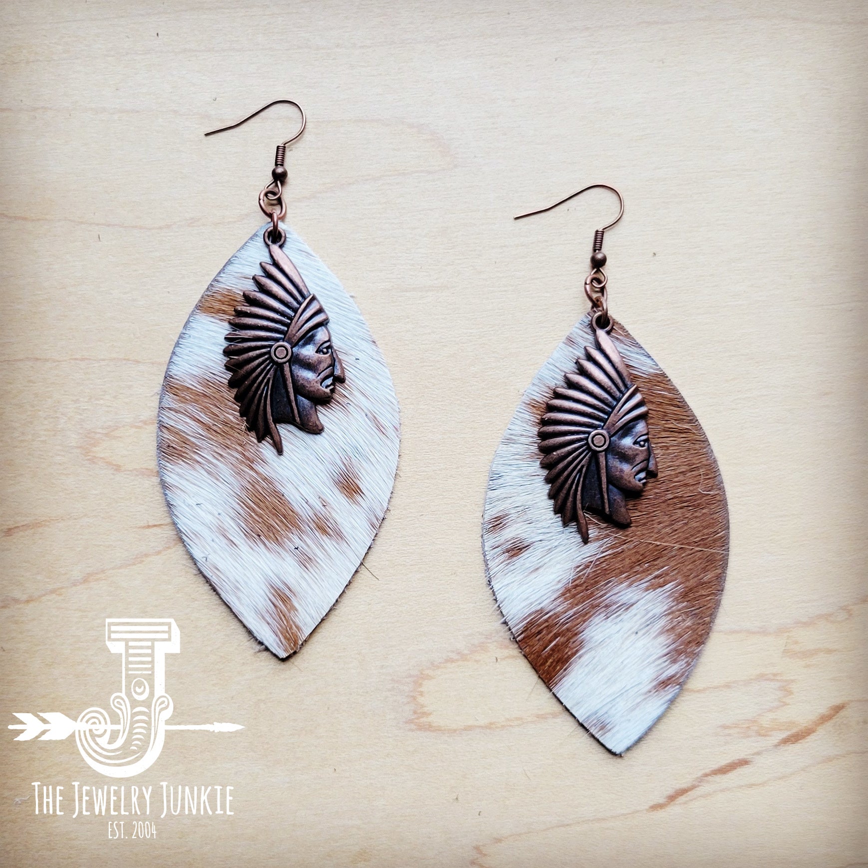 Tan & White Leather Hide Earrings w/ Indian