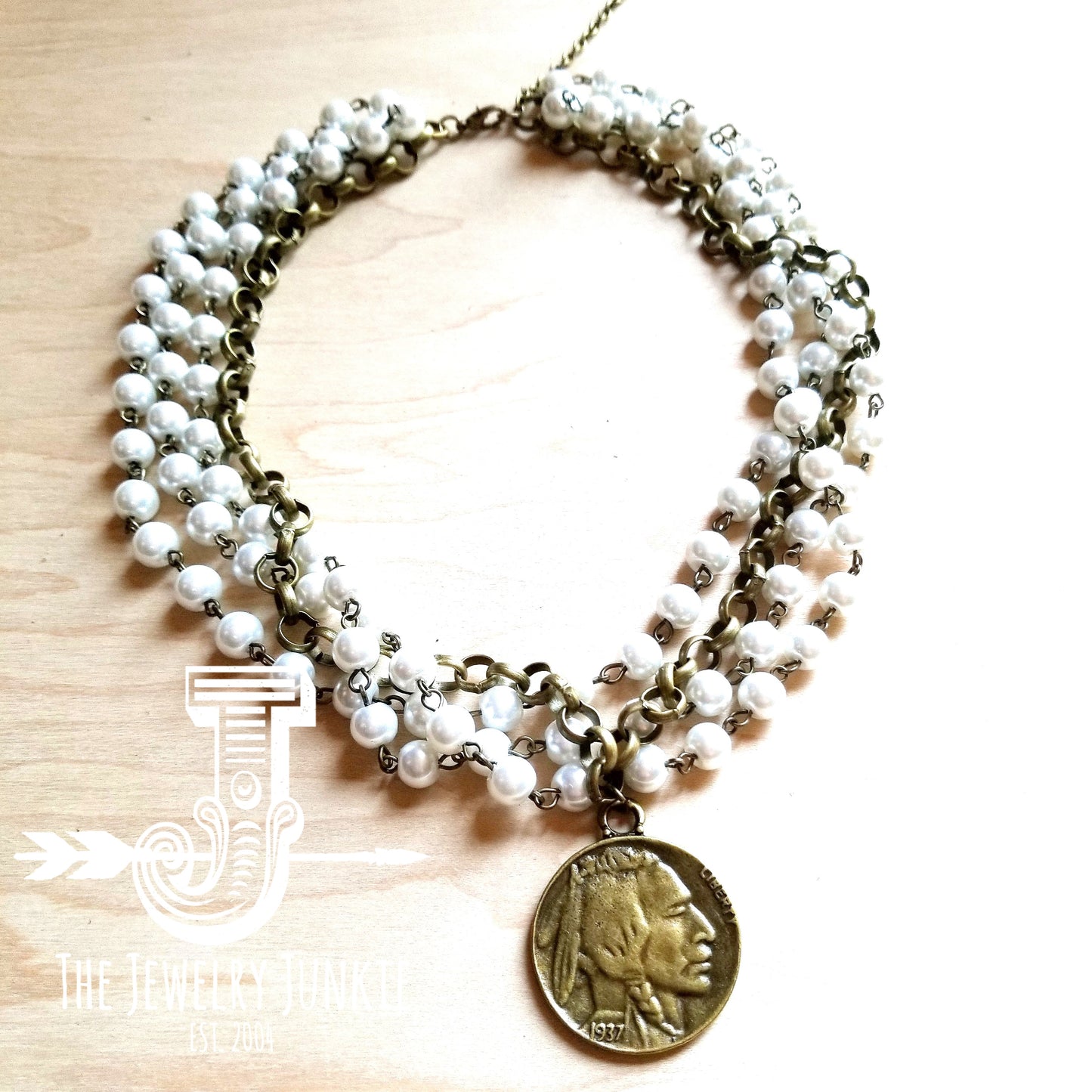 Pearl and Antique Gold Collar-Length Necklace with Indian Coin 245e