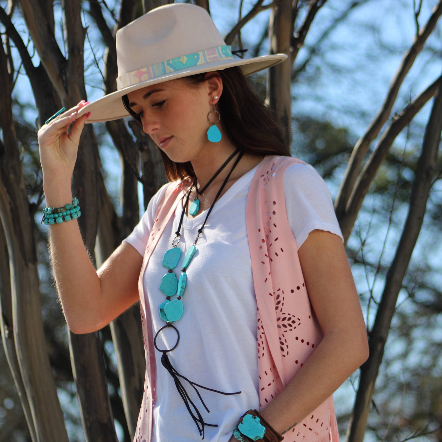Blue Turquoise Slab Necklace with Long Leather Tassel 226G
