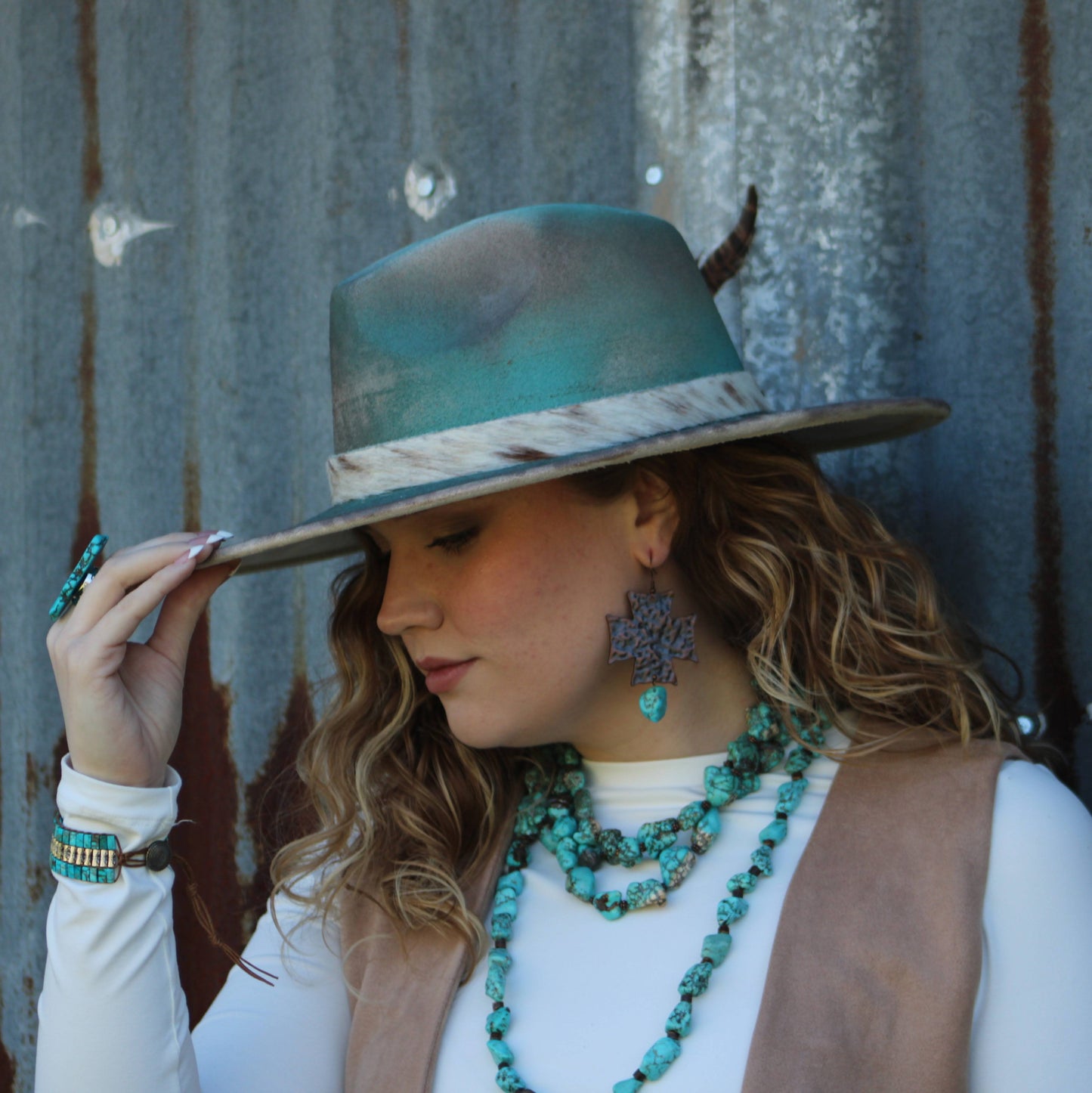 Large Triple Strand Blue Turquoise & Copper Collar Necklace 259d