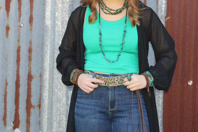 Turquoise Cowboy Leather Belt with Leather Fringe Closure 905c