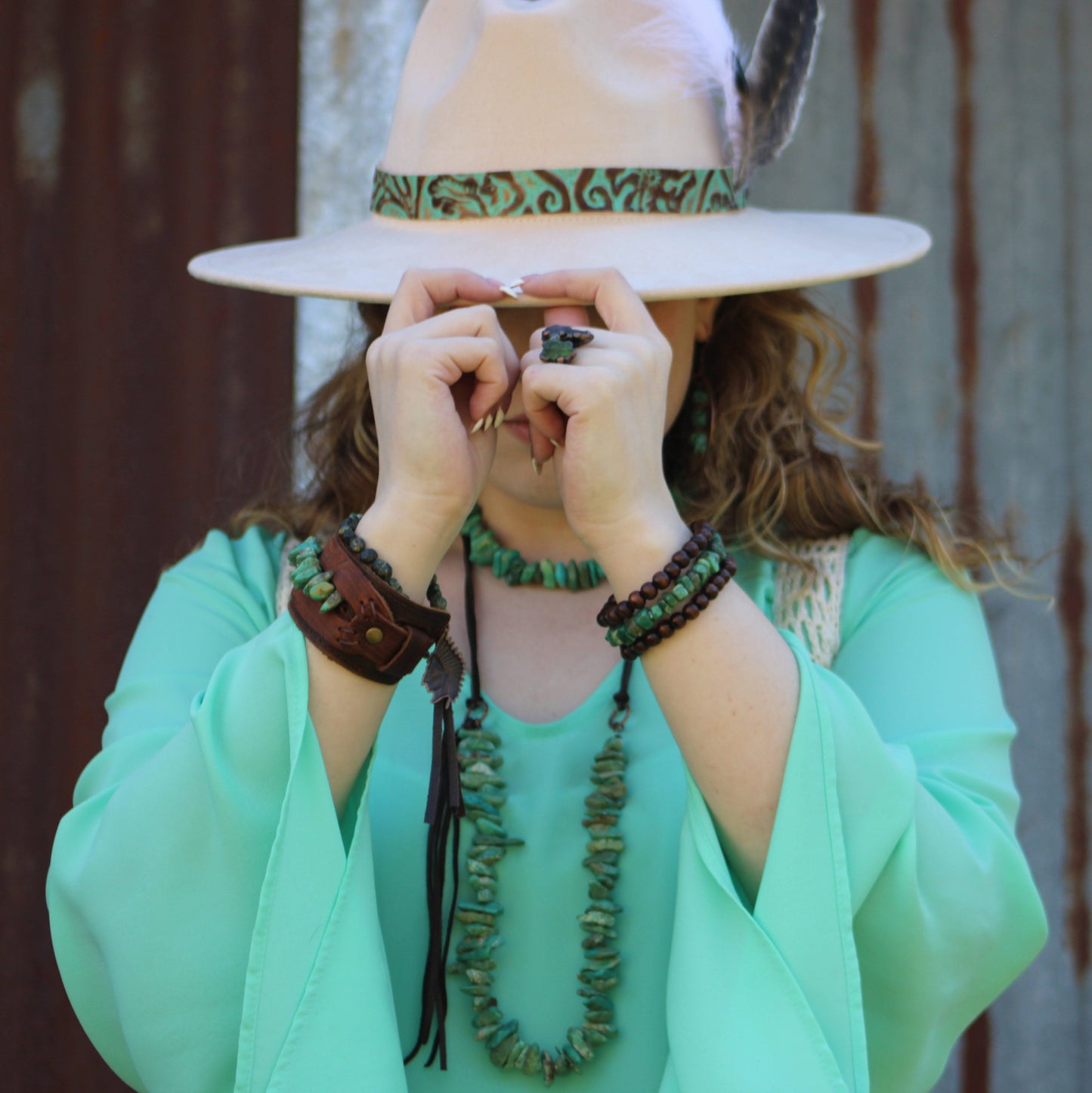 Natural Turquoise Necklace with Side-Tie Leather Tassel 245c