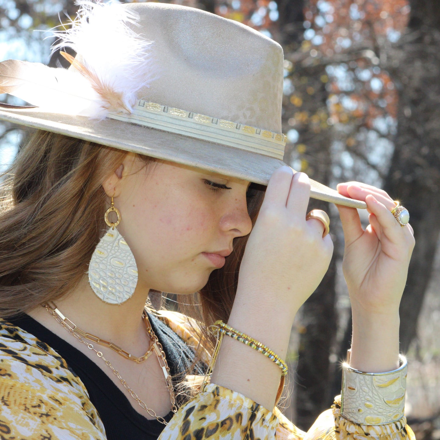 Leather Teardrop Earrings White Gold Gator w/ Matte Gold Hoop 210w