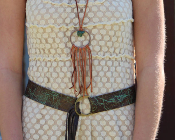 Tan Leather Dream Catcher Necklace with Natural Turquoise 246t