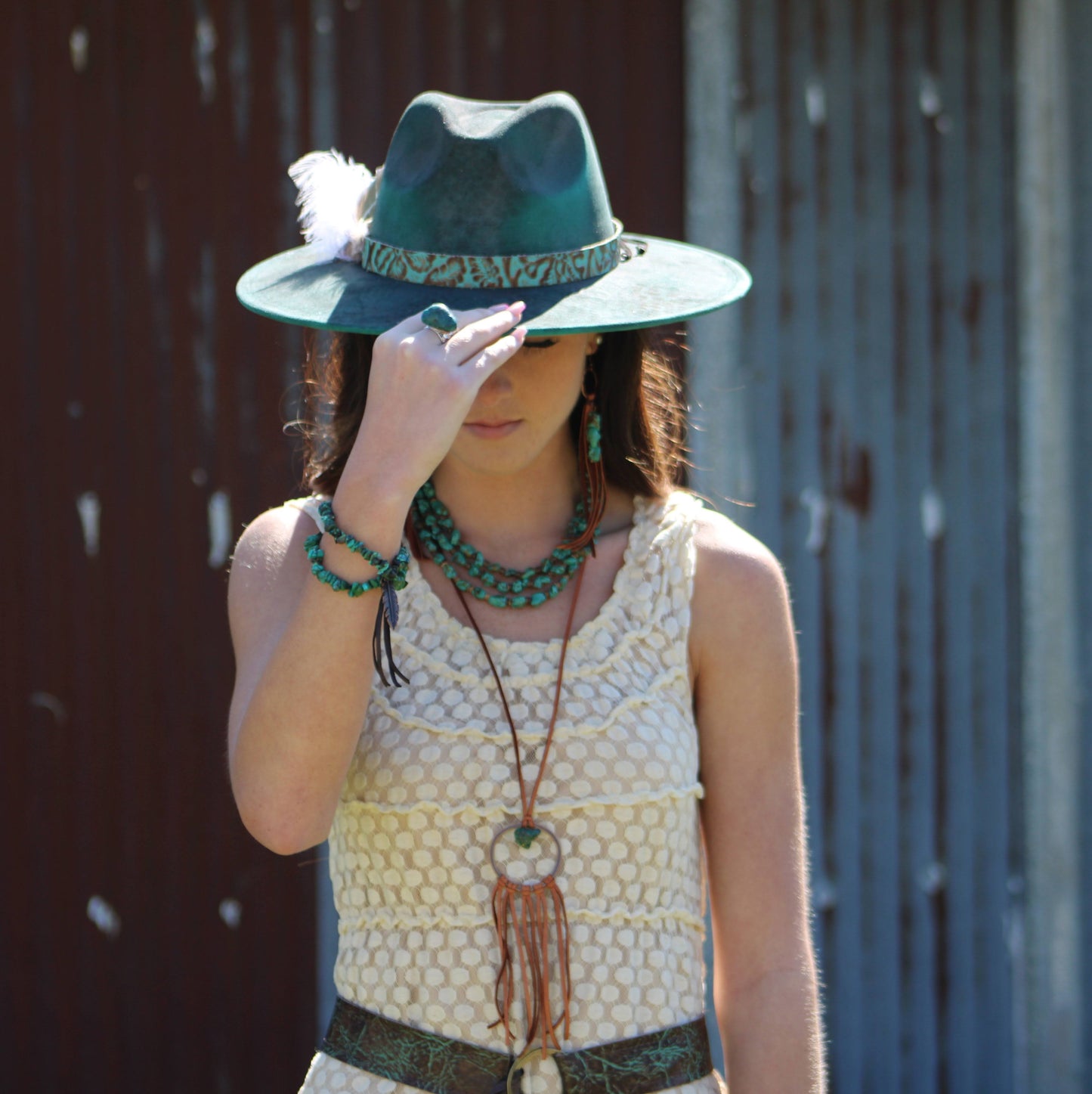 Tan Leather Dream Catcher Necklace with Natural Turquoise 246t