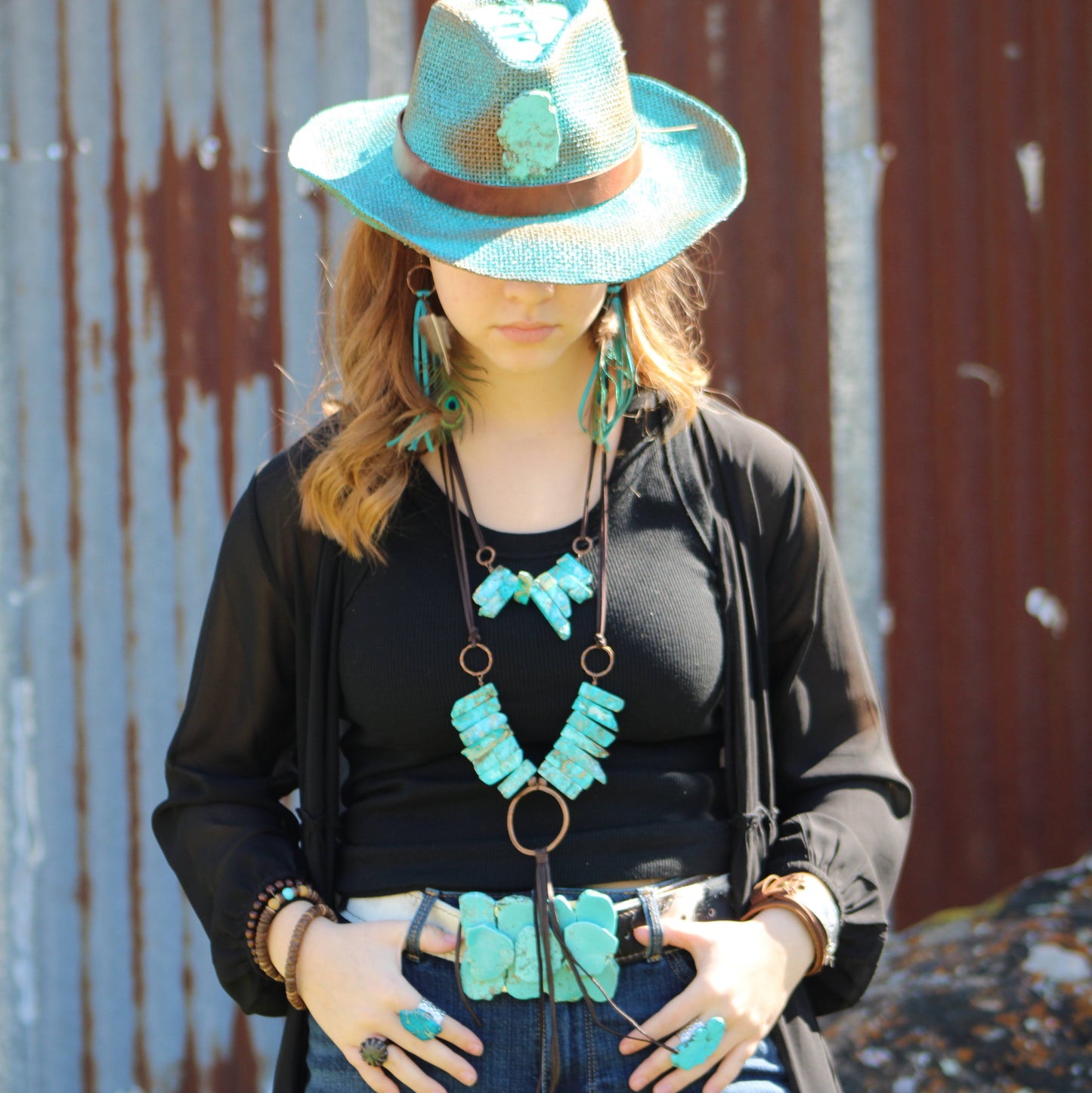 Turquoise Deer Skin Leather Tassel Earring Peacock Feather 219L