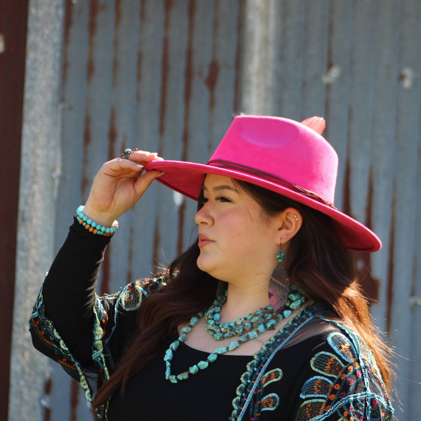 Leather Oval Earrings in Magenta Navajo w/ Turquoise Accent 215L