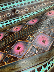 Leather Oval Earrings in Magenta Navajo w/ Copper Discs 215u