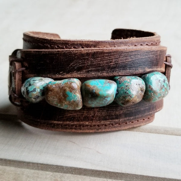 Dusty Leather Wide Cuff with African Turquoise Chunks 006p - The Jewelry Junkie