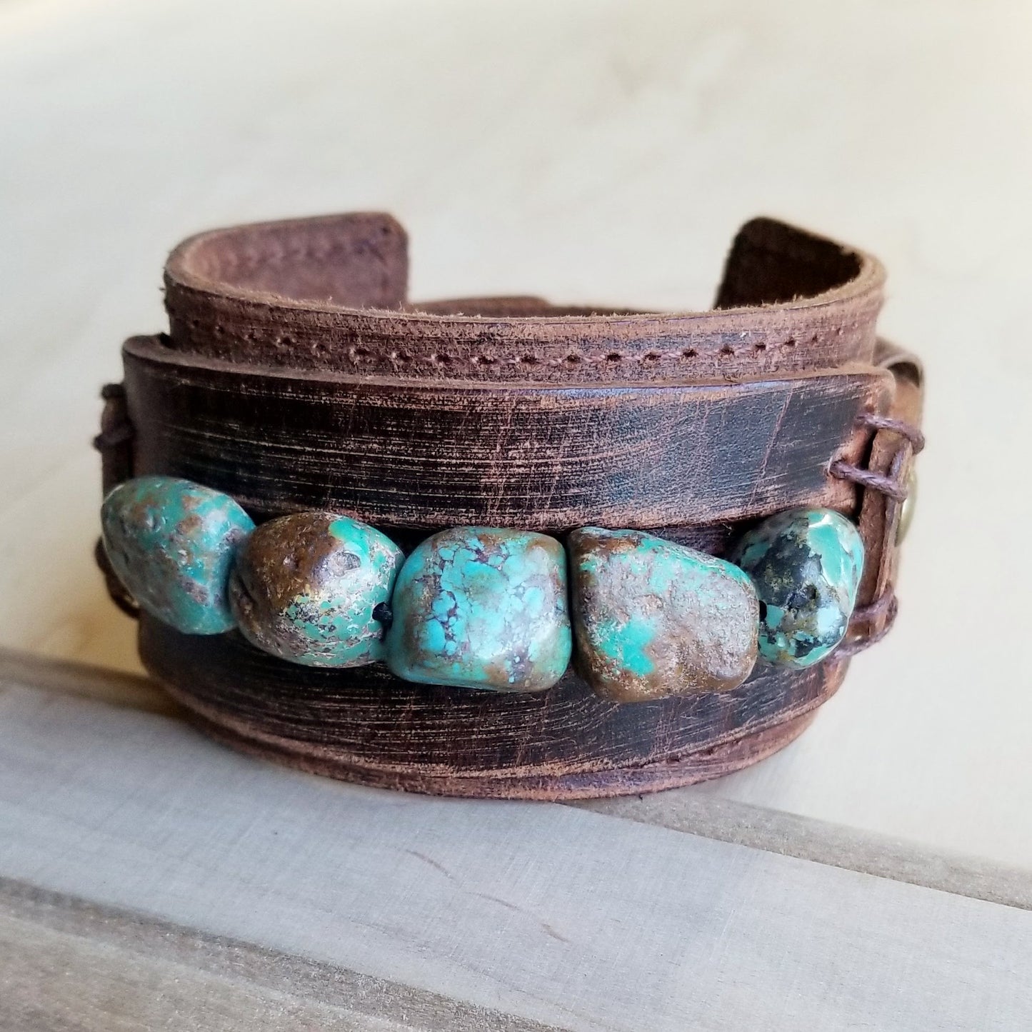 Dusty Leather Wide Cuff with African Turquoise Chunks 006p – The ...