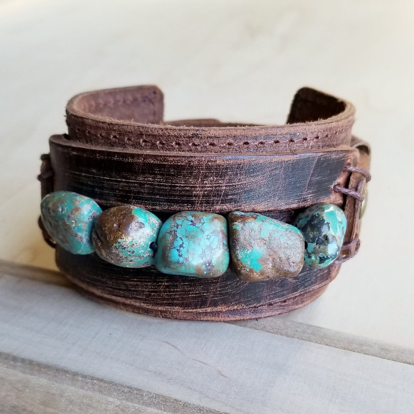 Dusty Leather Wide Cuff with African Turquoise Chunks 006p - The Jewelry Junkie