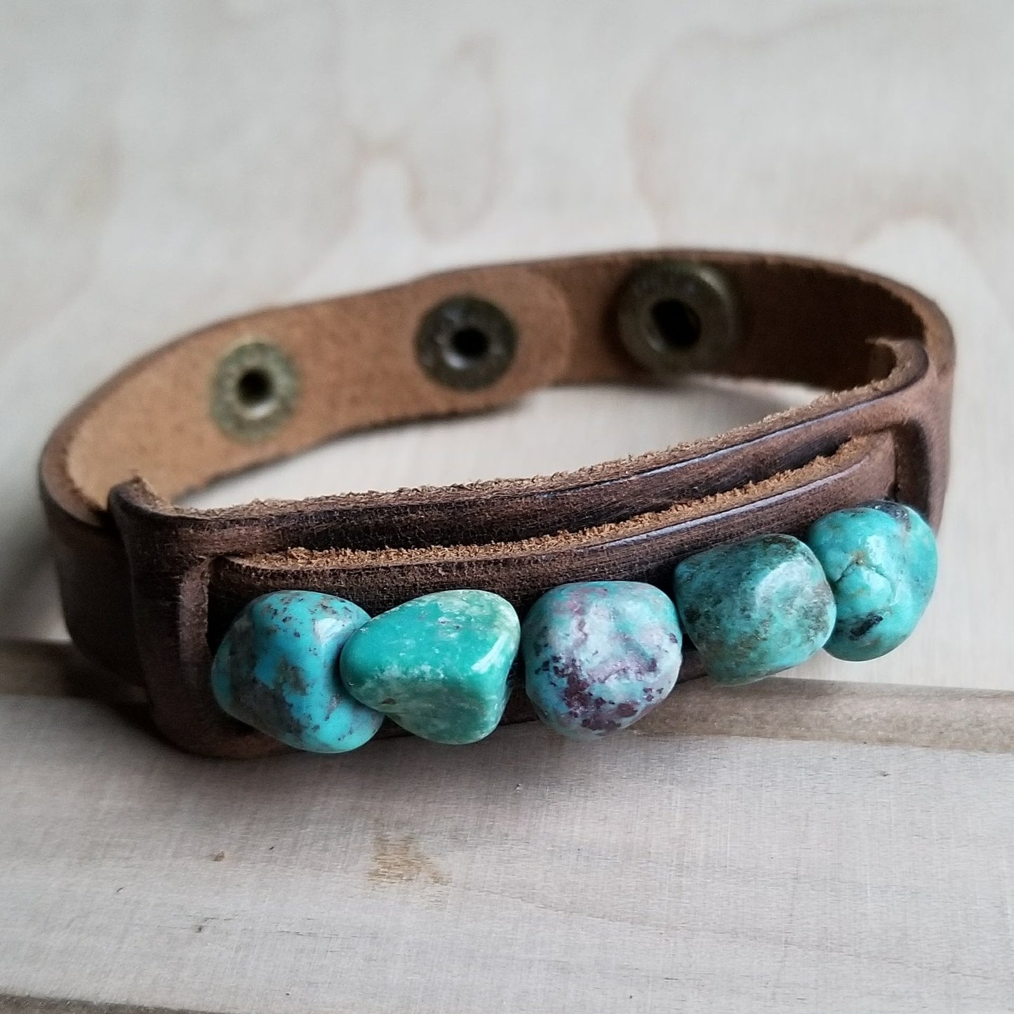 Dusty Leather Narrow Cuff with African Turquoise Chunks 006q - The Jewelry Junkie