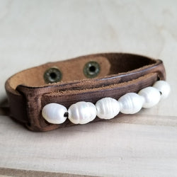 Dusty Leather Narrow Cuff with Genuine Freshwater Pearls 006r - The Jewelry Junkie