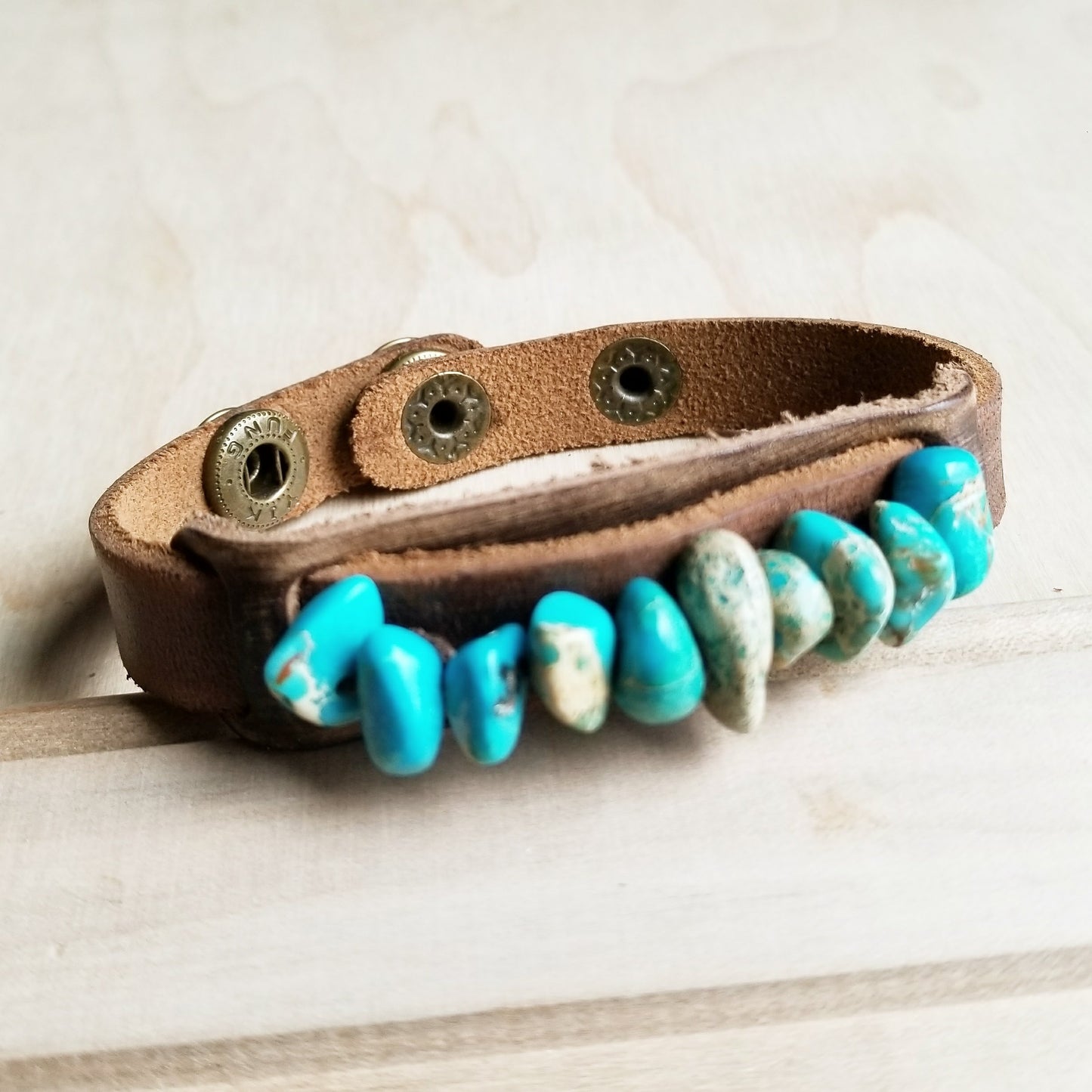 Dusty Leather Narrow Cuff with Turquoise Regalite Stones 006v - The Jewelry Junkie