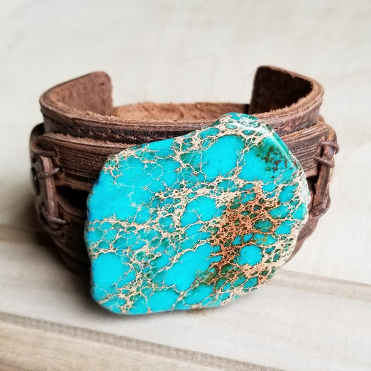 Dusty Leather Wide Cuff with Regalite Slab 006y - The Jewelry Junkie